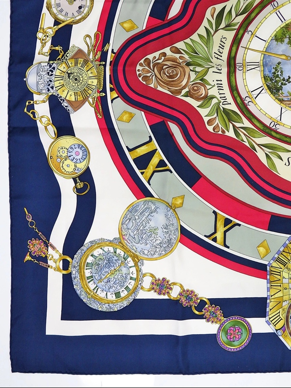 Hermès Navy, Red, Pink & Gold Clock Motif Silk Scarf - Picture 4 of 13